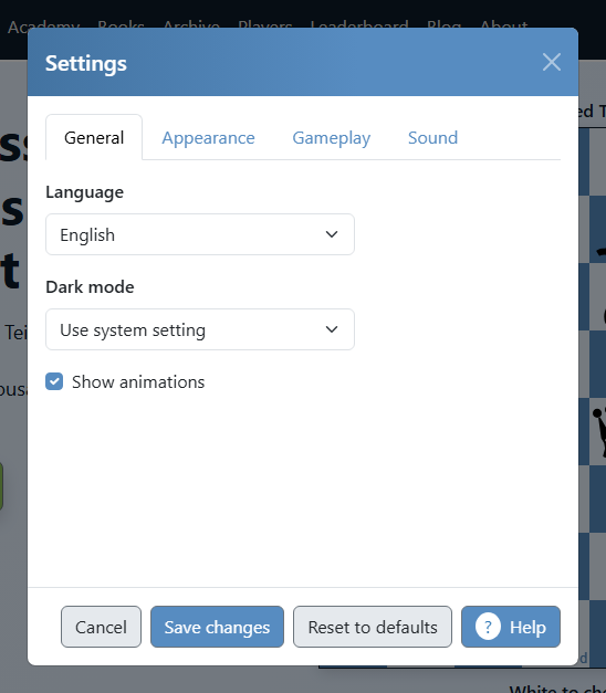 The ChessPuzzle.net settings dialog